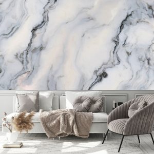 White Marble Pattern With Curly Blue And Black Veins Removable Wallpaper