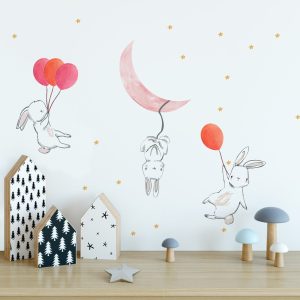 Cute Cartoon Bunny, Moon and Stars Wall Sticker