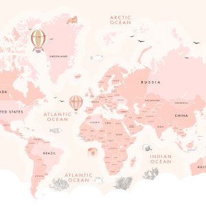 Pink World Map Background Animals Removable Wallpaper