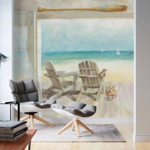 Beach Landscape Watercolor Painting Mediterranean Removable Wallpaper