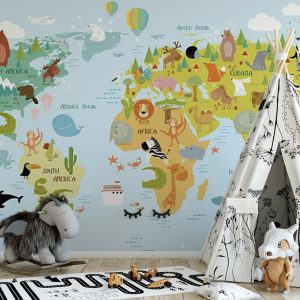 Colorful World Map Animals Wall Paper