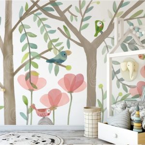 Watercolor Birds And Floral Trees Removable Wallpaper