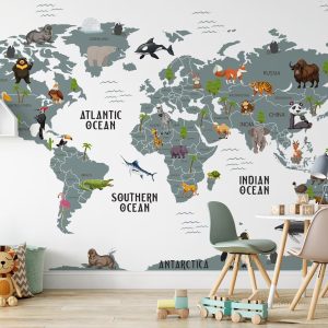 Kids World Map Wildlife Animals White Ocean Background Wallpaper