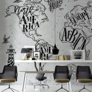 Map Monochrome Cement World Maps Modern Style Removable Wallpaper