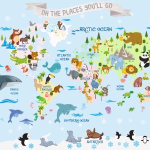 Animals On The World Map Blue Background Colorful Removable Wallpaper