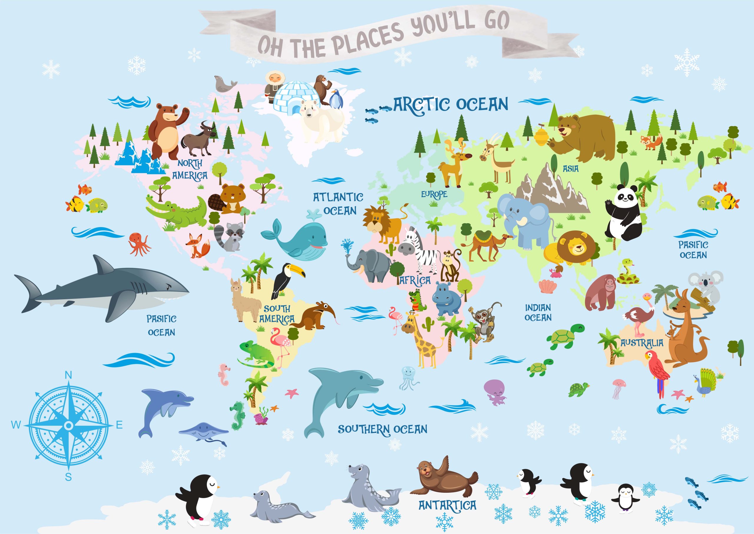 Animals On The World Map Blue Background Colorful Removable Wallpaper 4 Animals On The World Map Blue Background Colorful Removable Wallpaper