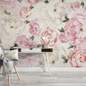 Floral Modern Pink and White Peony Flowers Peonies Removable Wallpaper