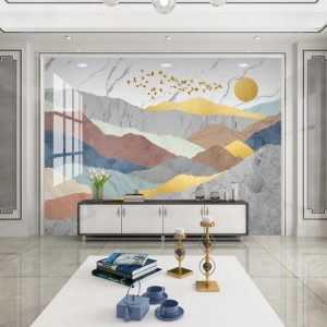 Marble Colorful Mountains Birds Sun Artistic Design Removable Wallpaper