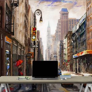 Street View of New York Oil Painting Style City Landscape Wallpaper