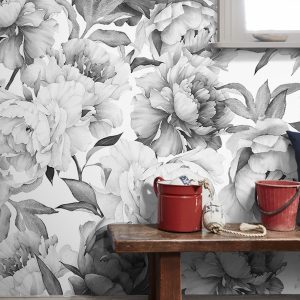 Charcoal Flower Monochrome Peony Wallpaper
