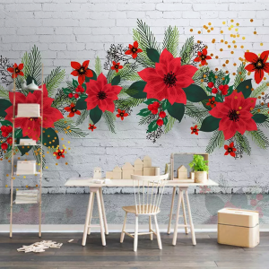 3D Bohemian Red Poinsettia Floral Wallpaper