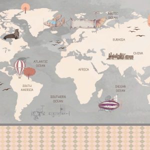 Gray Modern World Map Airplanes Background Removable Wallpaper