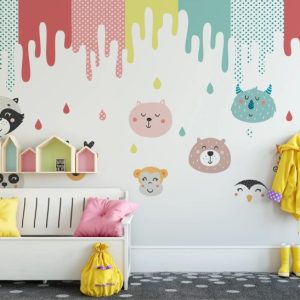 Colorful Cute Animal Faces and Watercolor  Removable Wallpaper