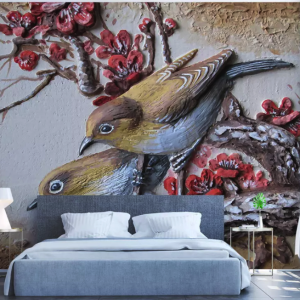 3D Embossed Cement Sculpture Bird Colorful Tree Modern Wallpaper
