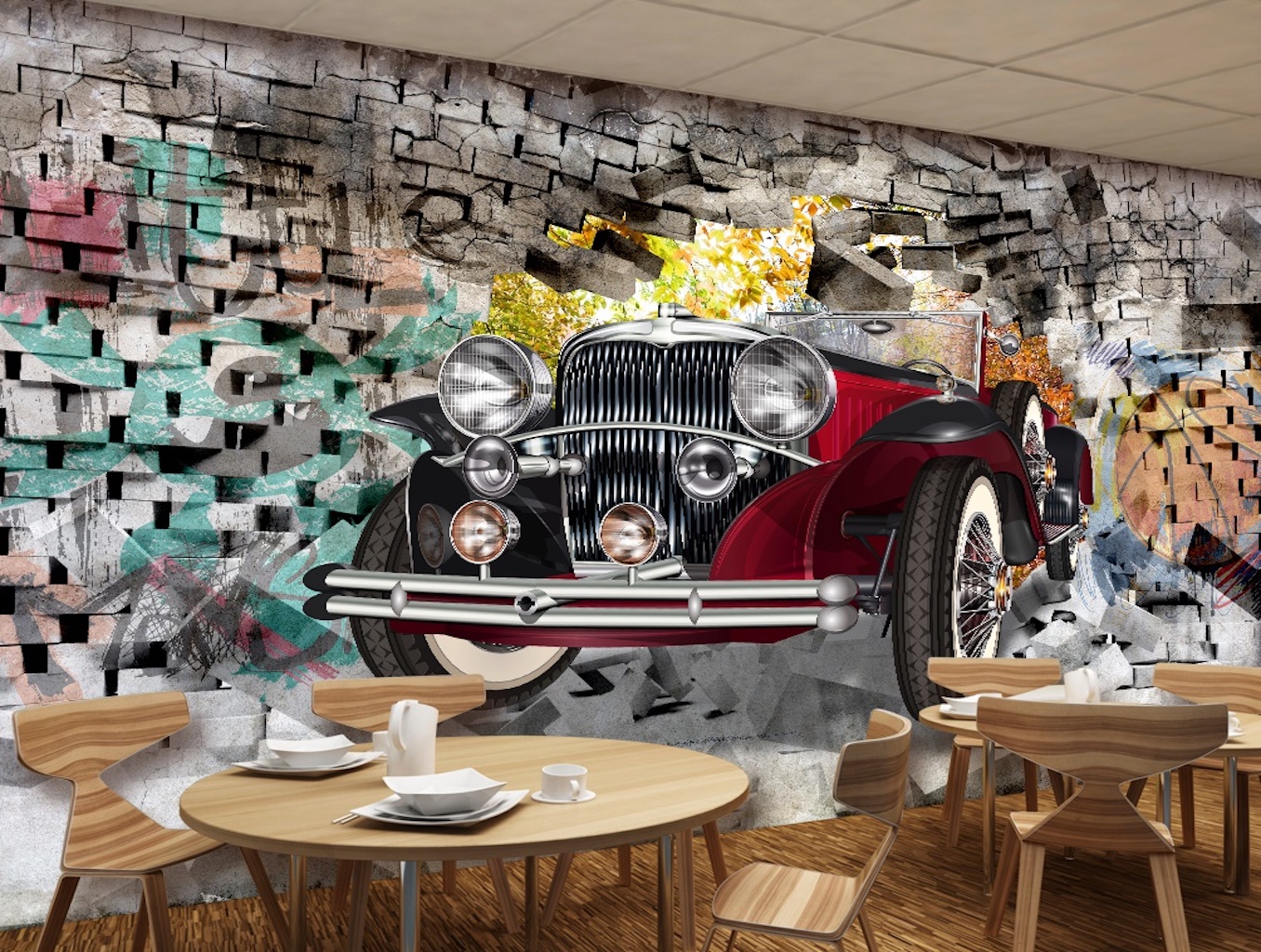 3D Vintage Classic Car Graffiti Brick Wallpaper 4 3D Vintage Classic Car Graffiti Brick Wallpaper