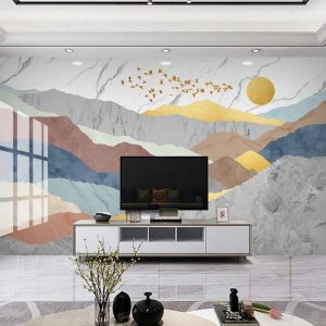 Marble Colorful Mountains Birds Sun Artistic Design Removable Wallpaper