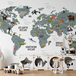 Kids World Map Wildlife Animals White Ocean Background Wallpaper