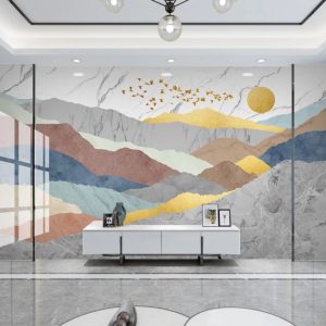 Marble Colorful Mountains Birds Sun Artistic Design Removable Wallpaper