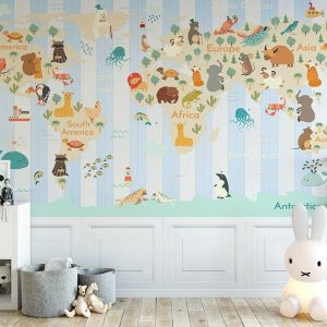 Colorful World Map Animals with Stripe Pattern Removable Wallpaper