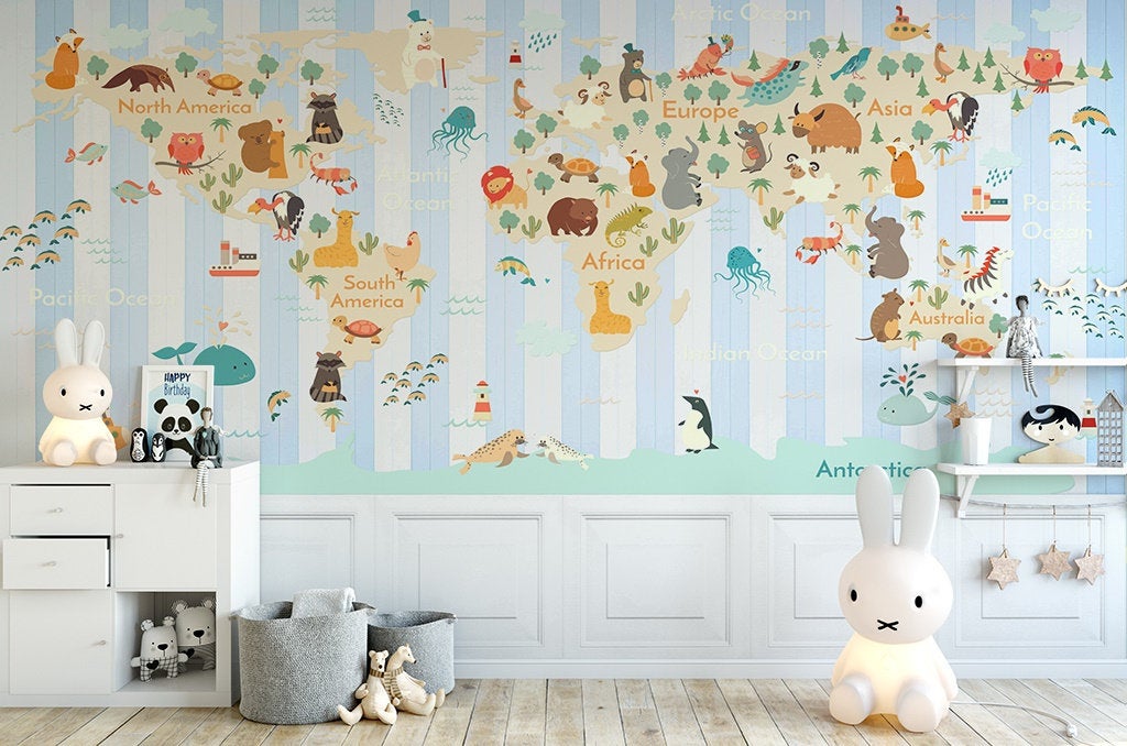 Colorful World Map Animals with Stripe Pattern Removable Wallpaper 3 Colorful World Map Animals with Stripe Pattern Removable Wallpaper