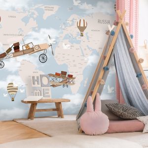 World Map Hot Air Balloons Flying White Birds and Cute Animals Wallpaper