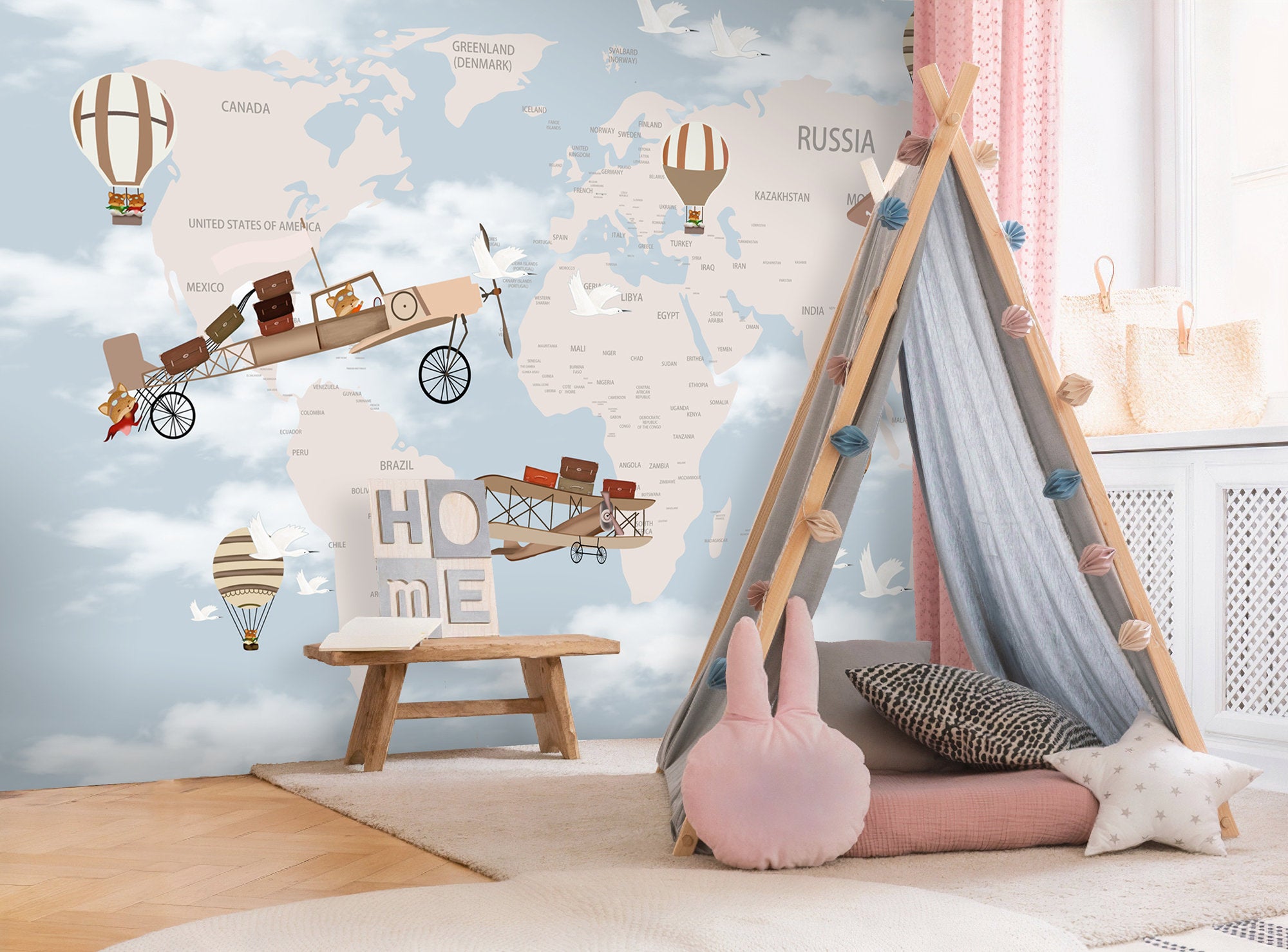 World Map Hot Air Balloons Flying White Birds and Cute Animals Wallpaper 1 World Map Hot Air Balloons Flying White Birds and Cute Animals Wallpaper