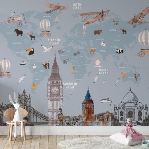 Architectural Structures Funny World Map Removable Wallpaper