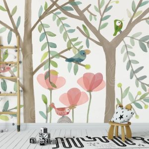 Watercolor Birds And Floral Trees Removable Wallpaper