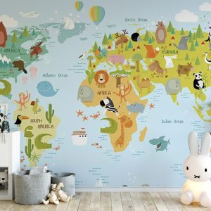 Colorful World Map Animals Wall Paper