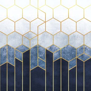 Hexagons on a Blue Background with Gold Elements Removable Wallpaper