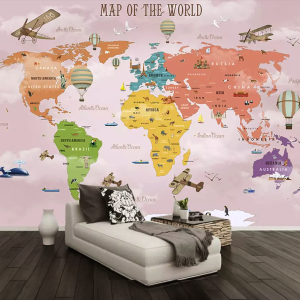 Colorful World Map Airplane and Hot Air Balloon Removable Wallpaper