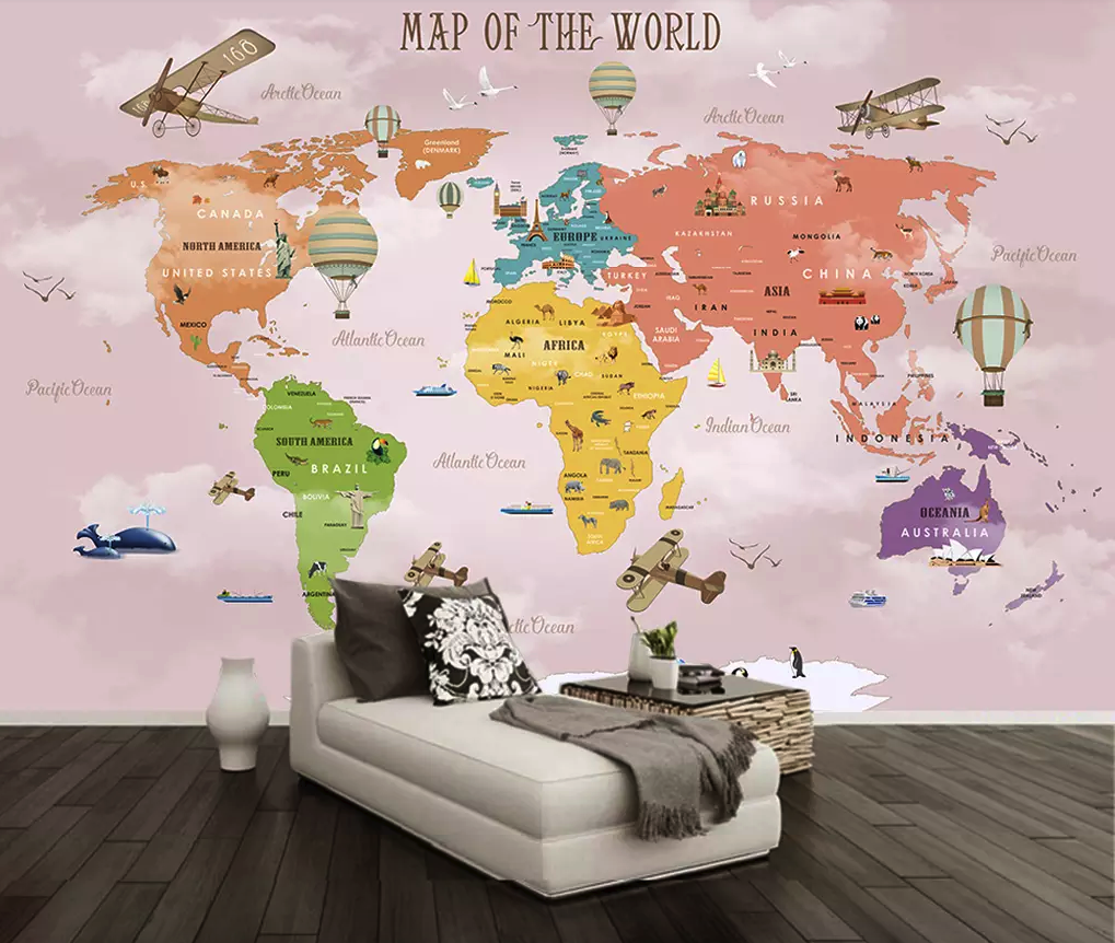 Colorful World Map Airplane and Hot Air Balloon Removable Wallpaper 3 Colorful World Map Airplane and Hot Air Balloon Removable Wallpaper