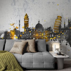 Landmarks of Famous Cities Grunge Gray Background Silhouette Removable Wallpaper