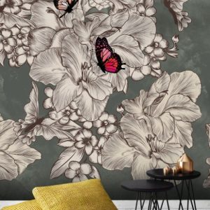 Butterflies Botanic Flowers Dark Background Floral Removable Wallpaper