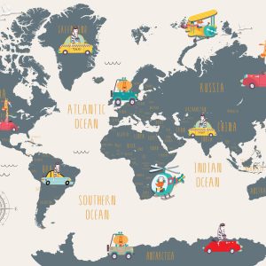 World Map and Cartoon Animals Textile Wall Paper