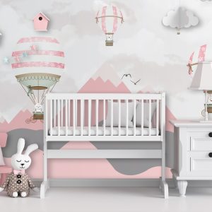 Hot Air Balloons Rabbit Dog Pink Gray Mountain Removable Wallpaper