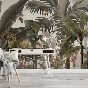 Tropical Jungle Plants and Leaves Parrots Floral Removable Wallpaper