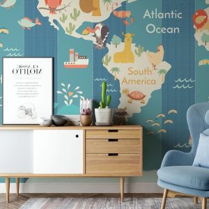 Colorful World Map Cute Animals Removable Wallpaper