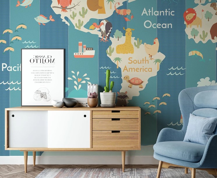Colorful World Map Cute Animals Removable Wallpaper 2 Colorful World Map Cute Animals Removable Wallpaper