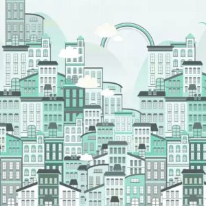 Monochrome Cityscape With Little Rainbow Removable Wallpaper