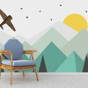 Geometric Triangle Green Mountains Sun Plane Removable Wallpaper