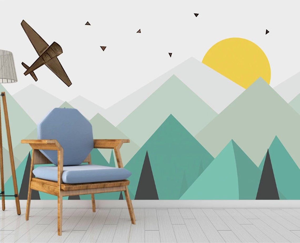 Geometric Triangle Green Mountains Sun Plane Removable Wallpaper 2 Geometric Triangle Green Mountains Sun Plane Removable Wallpaper