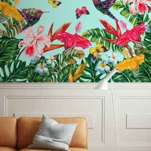 Mirabilis Flower Colorful Little Birds Banana Leaf Removable Wallpaper