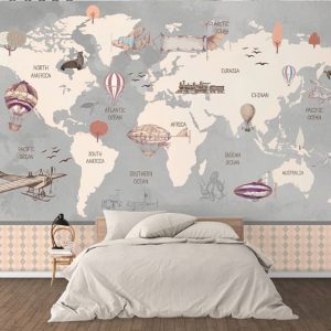 Gray Modern World Map Airplanes Background Removable Wallpaper