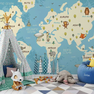 Blue Kids World Map Cartoon Animals Removable Wallpaper