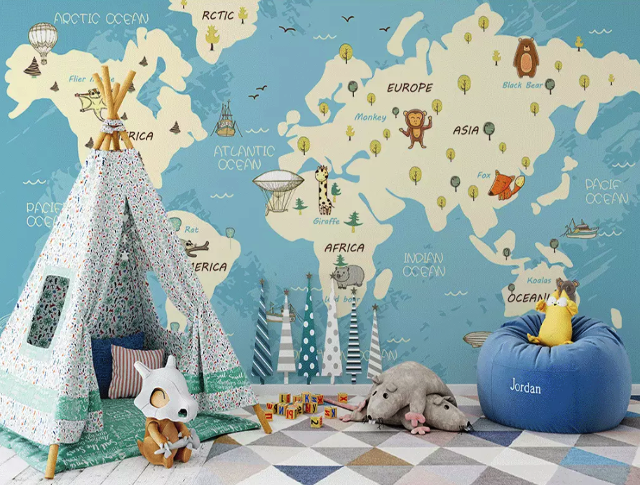 Blue Kids World Map Cartoon Animals Removable Wallpaper 3 Blue Kids World Map Cartoon Animals Removable Wallpaper