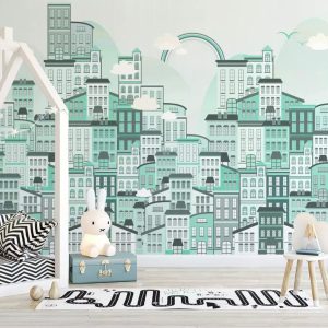 Monochrome Cityscape With Little Rainbow Removable Wallpaper