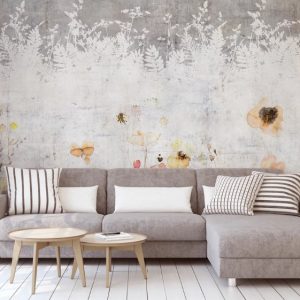 Concrete Background Leaves Yellow Flowers Blossom Removable Wallpaper