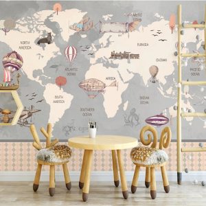 Gray Modern World Map Airplanes Background Removable Wallpaper