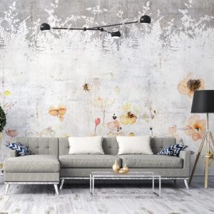 Concrete Background Leaves Yellow Flowers Blossom Removable Wallpaper